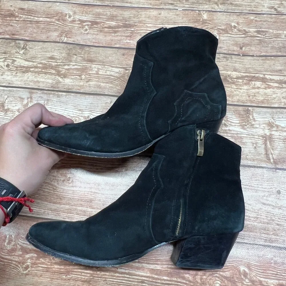 Plomo Boots Womens Eur 39 Ankle Bootie Black Suede Side Zip Low Heels Almond Toe